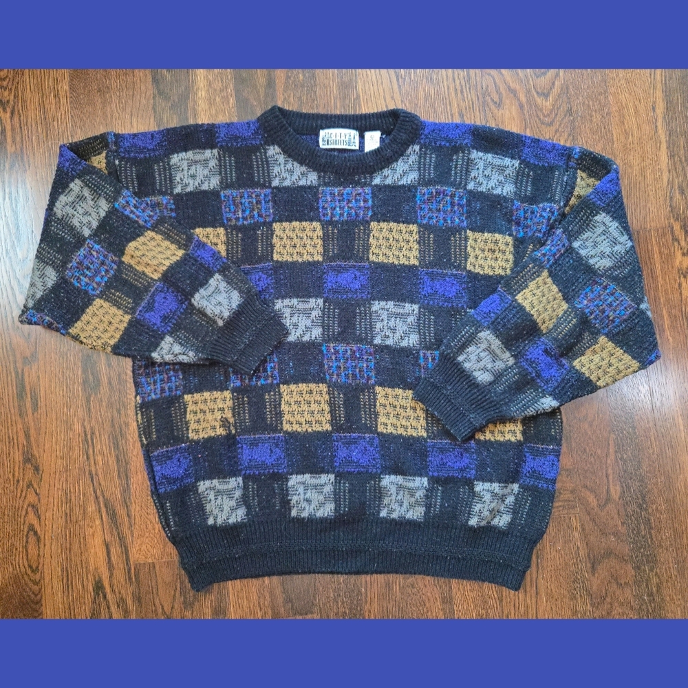 Vintage 90s Y2K Checker Board Geometric Pattern Sweater Size L
